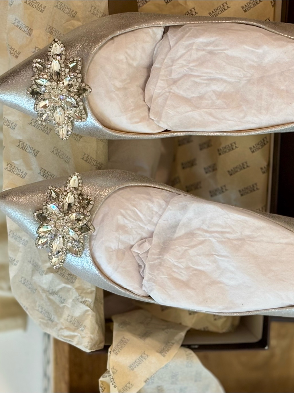 Badgley Mischka Karina Silver Metallic Crystal Flats- Size 8 New Wedding Perfect
